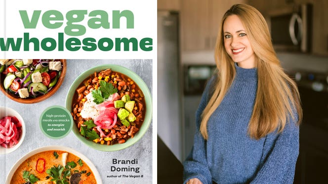 Two photos on the left showing the Vegan Wholesome cookbook cover, and on the right a headshot of author and Vegan 8 founder Brandi Doming