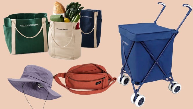 collage of different gear that is useful for the farmers market, including williams sonoma farmers market tote bags, a UV-protective sun hat, a fanny pack, and a foldable portable shopping cart