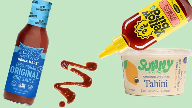 Three vegan dietitian-approved healthy store-bought sauces: Less-Sugar BBQ Sauce, Yellowbird Sriracha Sauce, and a Sunny Fine Foods Tahini Sauce
