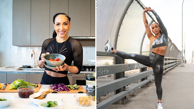 Two photos of Peloton Head Instructor Robin Arzón - on the left she holds up a healthy plant-based meal in her kitchen, with tomatoes and lettuce, on the right she stretches in a silver workout outfit outside on a bridge in New York City